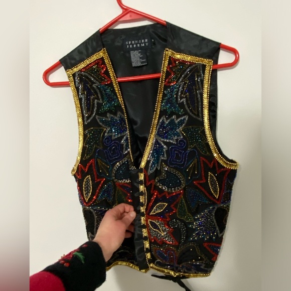 Vintage Spenser Jeremy 90s Leaf Holiday Bead & Embellished Silk Vest Size Small - Picture 4 of 12